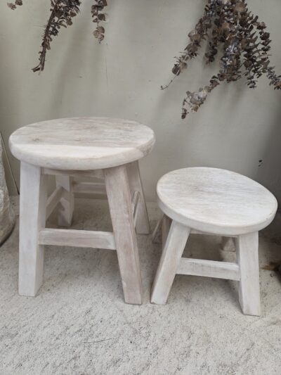Wooden stool- small whitewash round top.