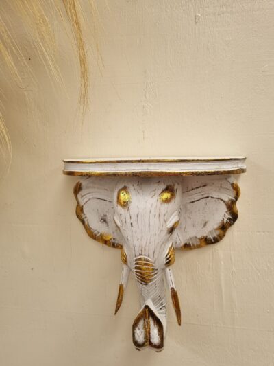 Wooden Elephant Head shelf-small white.
