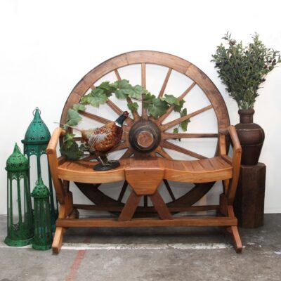 Wagon wheel bench seat.