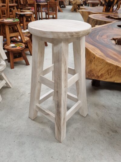 Wooden stool- Extra tall whitewash round top.